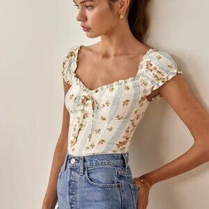 Reformation Floral Striped Blouse - Cream and Blue